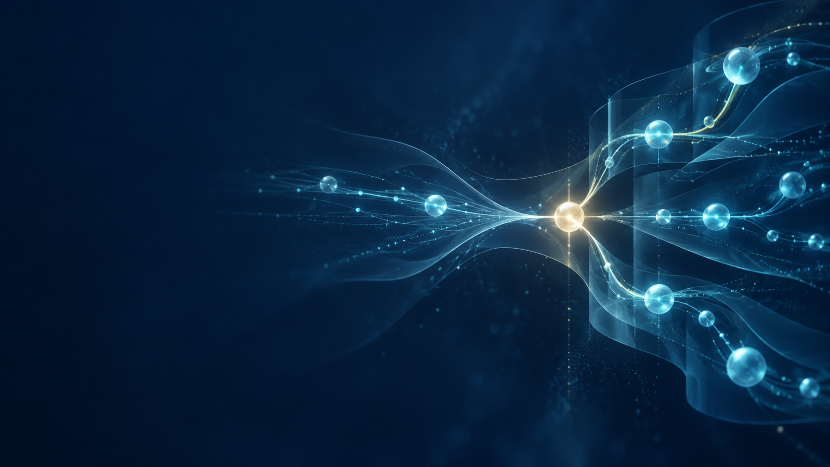 Abstract network of controlled luminous workflow nodes and data pathways.